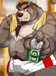 anthro belly bodily_fluids brown_body brown_fur bulge clothing fur humanoid_hands kemono male moobs navel nipples overweight overweight_anthro overweight_male pubes solo sweat towel underwear raichoclub bear mammal 2019 hi_res