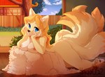 anthro blue_eyes breasts butt female multi_tail nipples nude solo tail hakkids2 canid canine fox mammal digital_media_(artwork) shaded