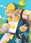 ambiguous_gender anthro backpack blonde_hair blue_body clothing eyes_closed fangs green_body group hair hat headgear headwear holding_another male one_eye_obstructed open_mouth plant red_eyes sleeping teeth tongue yellow_body sstoh nintendo pokemon pokemon_legends_arceus volo_(pokemon) budew canid canine elemental_creature flora_fauna generation_2_pokemon generation_4_pokemon human mammal pokemon_(species) riolu togepi 2025