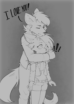 adolescent adult_on_young age_difference anthro blush blush_lines clenched_teeth duo female hug male male/female surprised teeth young young_anthro young_female gheezz ember_(nightdancer) nightdancer_(character) arctic_fox canid canine canis fox mammal true_fox wolf absurd_res hi_res monochrome