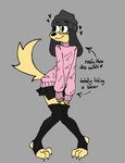 3_toes anthro beanie bottomwear claws clothed clothing feet femboy footwear hat headgear headwear hiding_erection knock-kneed legwear long_ears male plantigrade skirt socks solo stirrup_footwear stirrup_socks stockings text toes puppynsfw puppy_(puppynsfw) canid canine canis domestic_dog mammal hi_res