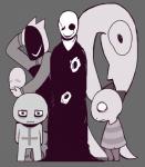 ambiguous_gender bone clothing faceless grey_background group male multiple_persona pattern_clothing pattern_shirt pattern_topwear shirt simple_background skeleton striped_clothing striped_shirt striped_topwear stripes topwear mamaito undertale undertale_(series) gaster gaster_follower_1 gaster_follower_2 gaster_follower_3 goner_kid monster_kid animated_skeleton monster undead monochrome