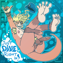 5_fingers 5_toes abstract_background acroposthion anklet anthro anus armpit_hair balls barefoot beanie beard black_nails blonde_hair blue_clothing bodily_fluids body_hair bracelet brown_balls brown_body brown_fur brown_genitals brown_penis butt clothing colored_nails countershade_feet countershading darkened_genitalia digit_ring dripping erection facial_hair feet fingers foot_focus foreskin fur genital_fluids genitals gesture goatee green_eyes grin hair hand_gesture hat headgear headwear humanoid_feet humanoid_genitalia humanoid_penis jewelry leaking_precum legs_up long_foreskin looking_at_viewer lying male male_anthro membrane_(anatomy) multicolored_body nails necklace nipples nude nude_male on_back one_eye_closed penis perineum piercing pink_anus pink_nipples plantigrade precum precum_drip presenting pubes ring ring_(jewelry) shaka_sign sharp_teeth simple_background smile soles solo spread_toes tail tan_body tan_fur teeth text toe_ring toes underwater unretracted_foreskin water webbed_feet wink naudiz_(artist) mammal mustelid otter 1:1 digital_media_(artwork) english_text