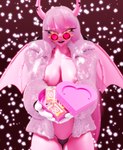 big_breasts black_lipstick breasts clothed clothing coat condom condom_packet_strip eyewear female fur_coat gift glasses hair heart_box horn lipstick long_hair makeup nipples no_bra panties pink_body pink_eyes pink_hair pink_nipples revealing_clothes sexual_barrier_device solo topwear underwear wings shwazy_(artist) helluva_boss verosika_mayday demon humanoid succubus 3d_(artwork) absurd_res digital_media_(artwork) hi_res