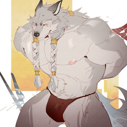 anthro bound braided_hair briefs clothing countershading fur grey_body grey_fur hair male muscular muscular_male nipples pecs simple_background solo standing tail underwear zhengshizi afk_arena afk_journey lilith_games faramor_(afk_journey) canid canine canis mammal wolf 1:1 absurd_res hi_res