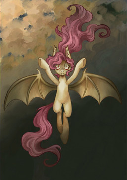 detailed_background fangs female female_feral feral flowing_hair flying front_view hair looking_at_viewer membrane_(anatomy) membranous_wings outside pink_hair red_eyes sky skyscape solo spread_arms spread_wings teeth wings raineydayes friendship_is_magic hasbro my_little_pony mythology the_bat_woman_(penot) flutterbat_(mlp) fluttershy_(mlp) bat equid equine hybrid mammal mythological_creature mythological_equine pegasus english_description hi_res inspired_by_formal_art