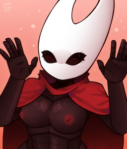 5_fingers anthro areola black_body breasts cape cloak clothing eyelashes female fingers front_view horn looking_at_viewer nipples non-mammal_breasts non-mammal_nipples simple_background solo space-cowboy-6251 hollow_knight_(franchise) team_cherry hornet_(hollow_knight) arthropod insect 2025 hi_res