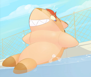 after_transformation anthro female hair inflatable inflatable_transformation nozzle orange_body permanent_smile pool_toy poolside red_hair solo tan_body fauvfox fauv_(fauvfox) animate_inanimate aquatic fish living_inflatable shark 2021 absurd_res hi_res