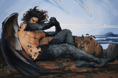 black_body black_feathers black_hair clasped_hands detailed_background falling_star feathered_wings feathers hair jewelry light_body light_skin male nails necklace nude outside plant sharp_nails sitting sitting_on_ground solo tasteful_nudity vines wings mimimaru european_mythology greek_mythology howl's_moving_castle mythology the_fallen_angel_(alexandre_cabanel) howl_jenkins_pendragon animal_humanoid avian avian_humanoid harpy harpy_humanoid humanoid mythological_avian mythological_creature digital_media_(artwork) digital_painting_(artwork) inspired_by_formal_art painting_(artwork)
