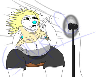 anthro belly_overhang blonde_hair bodily_fluids chair clothing fanning fanning_self furniture hair heat_(temperature) long_hair male moobs on_chair overweight overweight_male sitting sitting_on_chair solo sweat sweatdrop sweating_profusely wind cookieramwulf tomako_(cookieramwulf) bear mammal polar_bear ursine 5:4 hi_res