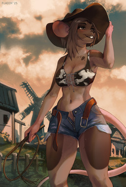 anthro belt bodily_fluids bottomwear bra breasts clothed clothing cowboy_hat denim denim_bottomwear denim_clothing denim_shorts farm farmer female fur grass hair hat headgear headwear holding_object holding_whip navel open_belt open_zipper outside plant shorts smile solo standing sweat sweatdrop tail underwear whip flaich mammal mouse murid murine rodent digital_media_(artwork) hi_res