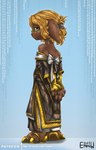 bow_ribbon fancy_dress female hair looking_at_viewer looking_back looking_back_at_viewer markings short_hair simple_background solo spots spotted_body standing tied_hair ethanw guild_wars medb_(ethanw) asura humanoid