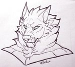 anthro big_fangs cheek_tuft facial_tuft fangs head_tuft male mouth_closed muscular muscular_anthro muscular_male neck_tuft simple_background solo teeth tuft demireality canid mammal 2020 artist_name bust_portrait dated monochrome portrait traditional_media_(artwork)