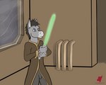 anthro battle black_hair blue_eyes bullet fight green_lightsaber grey_body hair jedi lightsaber male melee_weapon solo weapon harkrun star_wars fan_character equid mammal 2d_animation 5:4 animated loop short_playtime watermark