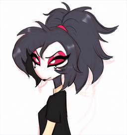 alternative_fashion anthro beak black_beak black_body black_feathers black_hair breasts clothing eyelashes eyeliner feathers female grumpy hair long_hair makeup mascara non-mammal_breasts ponytail pupils red_eyes scrunchie shirt simple_background small_breasts solo topwear white_background white_body white_face white_feathers white_pupils abneyart hellaverse helluva_boss octavia_(helluva_boss) avian avian_demon bird demon owl owl_demon 2020