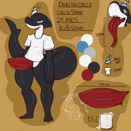 anthro big_penis bodily_fluids clothing cum genital_fluids genitals hat headgear headwear male party_hat penis precum saliva saliva_on_tongue shirt solo tongue tongue_out topwear a_simple_guy_hat dani_(julionoob100) cetacean dolphin fish hybrid mammal marine oceanic_dolphin orca shark toothed_whale hi_res model_sheet