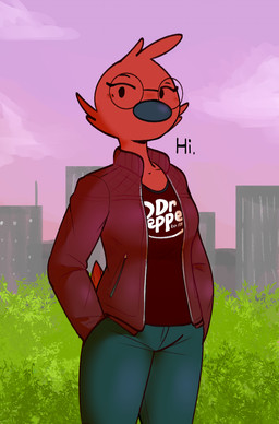 anthro beak bottomwear city clothed clothed_anthro clothed_female clothing day detailed_background dialogue eyewear feathers female female_anthro glasses jacket outside pants plant red_body red_clothing red_feathers red_jacket red_shirt red_tail red_topwear round_glasses shirt shrub sky solo tail text topwear wearing_glasses conditional_dnp sonokido dr_pepper ventura_city_drifters marie_hewlett avian bird cardinal_(bird) oscine passerine piranga scarlet_tanager 2020 digital_media_(artwork) english_text hi_res portrait three-quarter_portrait