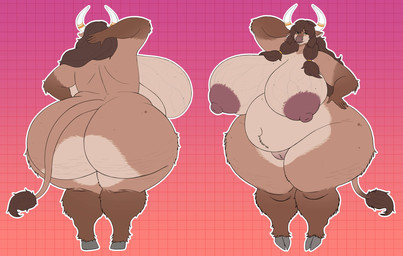 2_horns anthro areola belly belly_tuft big_areola big_belly big_breasts big_butt breasts brown_body brown_fur brown_hair butt cellulite cloven_hooves eyebrow_through_hair eyebrows eyelashes female female_anthro freckled_areola freckled_chest freckled_shoulders freckles front_view fur genitals glistening_eyelids green_eyes hair hand_behind_head hooves horn huge_breasts huge_butt huge_hips huge_thighs long_eyelashes mature_anthro mature_female nipple_dip nipples nude nude_anthro nude_female overweight overweight_female pink_areola pink_nipples rear_view solo tail tan_body tan_fur thick_thighs translucent translucent_hair tuft unguligrade vein veiny_breasts vulva wide_hips vintagart holly_(noeticred) bovid bovine cattle highland_cattle mammal hi_res model_sheet