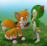 accessory anthro backpack blue_eyes clothed clothing curious dress duo female flower flower_in_hair footwear fur gadgets gloves green_hair hair hair_accessory handwear male male/female multi_tail plant shoes tail thin_calves thin_legs thin_thighs yellow_body yellow_fur bleedman sega sonic_the_hedgehog_(series) sonic_x cosmo_the_seedrian miles_prower canid canine elemental_creature flora_fauna fox humanoid mammal seedrian 2022 hi_res