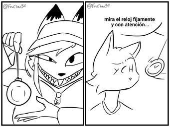 anthro border clock clothing duo female hat headgear headwear holding_pocketwatch hypnosis hypnosis_fetish male male/female mind_control pendulum_swing smile text white_border foxchen fem_(foxchen) ych_(character) canid canine fox mammal 4:3 comic monochrome spanish_text translated