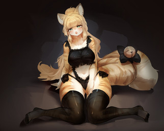 anthro bell big_breasts big_tail blonde_hair blue_eyes breasts clothing fangs female fur hair huge_thighs looking_at_viewer markings midriff navel open_mouth sitting solo striped_body striped_fur striped_markings striped_tail stripes tail tail_markings teeth thick_thighs wide_hips yellow_body yellow_fur utterangle domestic_cat felid feline felis mammal absurd_res character_request hi_res