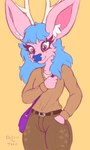 ambiguous_gender anthro antlers blue_hair bottomwear brown_bottomwear brown_clothing brown_pants clothing denim denim_bottomwear denim_clothing femboy hair hand_in_pocket horn inner_ear_fluff jeans long_hair looking_down markings mole_(marking) pants pink_body pockets purse solo sweater thick_thighs topwear tuft wide_hips conditional_dnp octavetothink baylie_(octavetothink) deer mammal 2022 digital_drawing_(artwork) digital_media_(artwork) hi_res male_(lore)