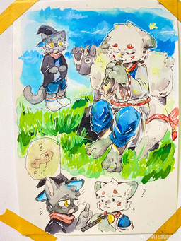 anthro asian_clothing bell bell_collar black_eyes blue_eyes blue_sky blush blush_lines bottomwear clothing collar duo east_asian_clothing eyebrows fluffy fluffy_tail footprint footwear geta grass grey_body hakama hat headgear headwear holding_flute japanese_clothing kemono kimono male neckwear open_mouth plant red_eyebrows red_ribbon red_scarf scarf sitting sky socks solo speech_bubble tail white_body witch_hat yellow_eyes chenpih2o bovid caprine domestic_cat felid feline felis mammal sheep 2025 3:4 absurd_res hi_res painting_(artwork) traditional_media_(artwork) traditional_painting_(artwork) traditional_watercolor_(artwork) watercolor_(artwork)