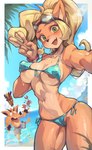 anthro areola areola_slip beach bikini blonde_hair blue_bikini blue_clothing blue_swimwear blush border breasts clothing cute_fangs duo eyebrows eyewear eyewear_on_head fangs female female_focus fur gesture glistening glistening_body glistening_fur goggles goggles_on_head green_eyes hair hand_gesture kemono looking_at_viewer male mask navel nipple_outline open_mouth open_smile orange_body orange_fur outside side-tie_bikini smile string_bikini swimwear tan_body tan_fur teeth two-piece_swimsuit v_sign white_border wristband iepelppa activision crash_bandicoot_(series) aku_aku coco_bandicoot crash_bandicoot animate_inanimate bandicoot living_mask mammal marsupial 2024 absurd_res hi_res brother_(lore) brother_and_sister_(lore) sibling_(lore) sister_(lore)