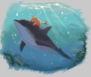 anthro biped brown_body chibi clothed clothing detailed_background feral underwater water gb_hattahatta gamba_no_bouken gamba_no_bouken_(series) ganba aquatic cetacean dolphin mammal mouse murid murine rodent toothed_whale 2026 hi_res