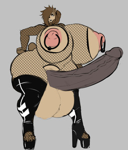 4_toes anthro areola balls big_areola big_balls big_breasts big_nipples big_penis boots breasts brown_body brown_fur brown_hair claws clothing feet fingers fishnet_clothing footwear fur genitals grey_background gynomorph hair huge_balls huge_breasts huge_penis humanoid_genitalia humanoid_penis hyper hyper_balls hyper_genitalia hyper_penis intersex lips nipple_piercing nipple_ring nipples penis piercing pink_areola pink_nipples platform_boots platform_footwear ring_piercing shoes simple_background solo thick_bottom_lip toe_claws toes vein veiny_penis thelazydreamer tenna_cale bear mammal 2025 hi_res