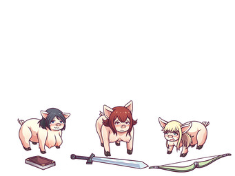 after_transformation areola big_breasts black_hair blonde_hair blush bodily_fluids book bow_(weapon) breasts busty_feral female feral group hair medium_breasts melee_weapon nipples open_mouth ranged_weapon shrinking simple_background size_transformation sword tears transformation weapon white_background inksgirls domestic_pig mammal suid suine sus_(pig) 2018 4:3