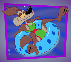 3_toes abstract_background anthro arched_foot arched_soles arm_tuft athletic athletic_anthro athletic_male barefoot belly bent_legs biped black_eyes black_nose black_toe_claws brown_body brown_fur chest_tuft claws clothing curling_toes curvy_figure ears_back elbow_tuft eyebrows feet fluffy fluffy_chest foot_focus fur glance green_clothing green_swimwear grin grinning_at_viewer half-closed_eyes head_tuft hourglass_figure humanoid_feet humanoid_heel inflatable inner_tube knee_tuft knees_up leg_tuft looking_aside looking_aside_at_viewer looking_at_viewer male multicolored_body multicolored_fur narrowed_eyes outside paws pecs pivoted_ears plantigrade pose puffed_out_chest ribs shoulder_tuft sitting skinny skinny_anthro skinny_male slim slim_anthro slim_male small_waist smile smiling_at_viewer smirk smirking_at_viewer smug smug_expression smug_eyes smug_face smug_grin soles solo spread_legs spreading swimsuit_only swimwear tan_belly tan_body tan_eyebrows tan_fur toe_claws toes tuft two_tone_body two_tone_fur wasp_waist water yellow_sclera gavanzude looney_tunes warner_brothers wile_e._coyote canid canine canis coyote mammal 2026 colored digital_drawing_(artwork) digital_media_(artwork) flat_colors hi_res pinup signature