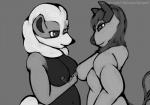 2019 anthro arcanine bovid bovine breasts canid canine clothing crossgender duo female female/female fluffy fur generation_1_pokemon hi_res horn mammal monochrome multi_tail muscular nintendo nipples piercing pokemon pokemon_(species) pokemorph simple_background standing tail tauros visionaryserpent