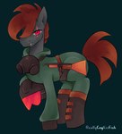 armor clothing eye_scar facial_scar fangs feral gas_mask gun headgear helmet looking_aside male mask pupils ranged_weapon scar simple_background slit_pupils solo teeth uniform weapon reallycoykoifish hasbro my_little_pony earth_pony equid equine horse mammal pony hi_res