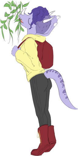anthro backpack black_bottomwear black_clothing black_pants boots bottomwear clothed clothed_anthro clothed_female clothing eating eyes_closed facial_horn female fist footwear hair hoodie horn humanoid_hands leaf markings open_mouth pants purple_body purple_hair shoes short_hair side_view solo standing striped_markings stripes tail tiptoes topwear yellow_clothing yellow_hoodie yellow_topwear ei_art goodbye_volcano_high ko_op_(game_developer) trish_(gvh) ceratopsian ceratopsid chasmosaurine dinosaur marginocephalian ornithischian prehistoric_species reptile scalie triceratops full-length_portrait hi_res portrait