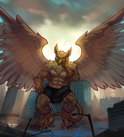 abs anthro backlighting balls_outline beak biceps big_bulge biped boxers_(clothing) brown_body brown_fur building building_destruction bulge city claws clothed clothing destruction detailed_bulge erection erection_under_clothing feathered_wings feathers feet fur genital_outline light looking_at_viewer macro male male_anthro muscular muscular_anthro muscular_male paws pecs penis_outline rampage ruins sitting_on_building solo tail topless underwear wings blazingifrit mythology carpo avian gryphon mythological_avian mythological_creature lighting
