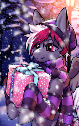 ambiguous_gender box clothed clothing container feathered_wings feathers gift gift_box hair hat headgear headwear holidays legwear looking_at_object outside pink_hair plant purple_body purple_eyes scarf simple_background smile snow solo stockings text tree wings winter yasha_the_husky christmas hasbro my_little_pony mythology equid equine horse mammal mythological_creature mythological_equine pegasus pony digital_media_(artwork) english_text halftone hi_res