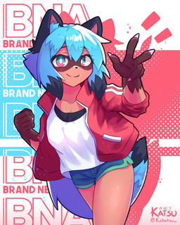 anthro black_tail_tip blue_hair blue_tail bottomwear bra clothing crop_top dipstick_tail dolphin_shorts female gesture hair hand_gesture hotpants jacket markings shirt shorts smile solo tail tail_markings topwear underwear v_sign kabatsu brand_new_animal studio_trigger michiru_kagemori canid canine mammal raccoon_dog tanuki 4:5 absurd_res hi_res