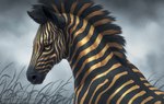 ambiguous_gender black_ears black_mane black_nose copyright_symbol feral looking_at_viewer mane multicolored_body solo symbol text two_tone_body yellow_body chiakiro equid equine mammal zebra 2021 artist_name digital_media_(artwork) digital_painting_(artwork) url