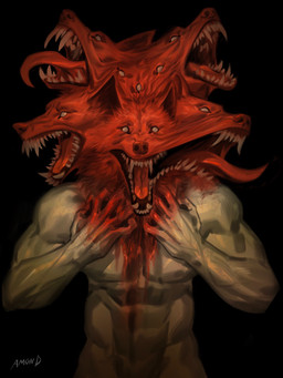 6_heads anthro black_background blood bodily_fluids canine_teeth fur horror_(theme) male multi_eye multi_head muscular muscular_anthro red_body red_fur simple_background solo teeth tongue tongue_out white_eyes amon-sydonai european_mythology greek_mythology mythology canid canid_demon canine canis cerberus demon hellhound mammal mythological_canine mythological_creature wolf 2025 3:4 digital_media_(artwork) hi_res shaded