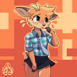 abstract_background accessory anthro antlers black_bottomwear black_clothing black_skirt blep blush blush_lines bottomwear cartoon_freckles clothing eyelashes facial_tuft female freckled_ears freckled_face freckles fur green_eyes horn long_eyelashes markings motion_lines necktie orange_body orange_fur plaid skirt solo spot_freckles spots spotted_ears spotted_face spotted_hips spotted_markings spotted_tail tail tail_markings thick_thighs tongue tongue_out tuft newt_trz maple_(jayrnski) deer mammal 1:1 hi_res nonbinary_(lore)