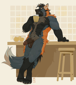 abs anthro ball_tuft balls black_body black_fur black_penis circumcised circumcision_scar container cup dipstick_tail erection facial_hair fur furniture genital_scar genitals glans gloves_(marking) grey_body grey_fur holding_container holding_cup holding_mug holding_object humanoid_genitalia humanoid_penis leg_markings male male_anthro markings mug muscular muscular_anthro muscular_male nipples nude nude_anthro nude_male orange_body orange_eyes orange_fur pecs penis scar socks_(marking) solo standing stool tail tail_markings tuft remulle_(artist) voss_(noah) canid canine cross_fox fox mammal red_fox true_fox 2025 absurd_res hi_res