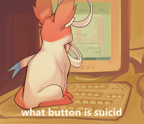 ambiguous_gender blue_body blue_fur bow_(anatomy) computer_keyboard computer_monitor computer_mouse desk detailed_background feral fur furniture pink_body pink_fur pink_tail ribbons_(anatomy) sitting solo table tail text white_body white_fur white_text nepentz nintendo pokemon eeveelution generation_6_pokemon pokemon_(species) sylveon 2026 absurd_res english_text hi_res icon reaction_image
