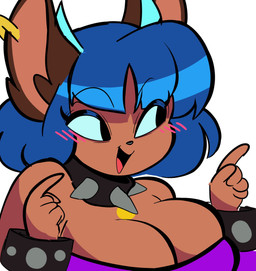 2_horns 5_fingers anthro big_breasts black_collar blue_hair blue_horn blush blush_lines bracelet breasts brown_body brown_ears brown_face brown_skin cleavage clothed clothing collar ear_piercing ear_ring eyelashes female fingers gesture glistening glistening_hair hair hand_gesture horn jewelry looking_aside open_mouth open_smile piercing pointing purple_clothing purple_topwear ring_piercing short_hair simple_background smile solo spiked_collar spikes studded_bracelet studded_jewelry studs tan_body tan_face tan_inner_ear tan_skin topwear white_background qwerty_soda mammal 2021 bust_portrait digital_drawing_(artwork) digital_media_(artwork) hi_res portrait