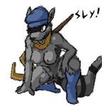 anthro black_nose breasts clothing crossgender female fur genitals grey_body grey_fur grey_skin mtf_crossgender nipples nude pussy simple_background solo weapon white_background raptorkou sly_cooper_(series) sony_corporation sony_interactive_entertainment sucker_punch_productions sly_cooper mammal procyonid raccoon low_res