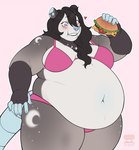 anthro belly big_belly big_breasts biped black_body black_fur black_hair bra breasts burger clothing cresent_moon_(marking) eating fangs female female_anthro food fur grey_body grey_fur hair holding_food holding_object long_hair navel obese obese_anthro obese_female open_mouth overweight overweight_anthro overweight_female panties pink_bra pink_clothing pink_eyes pink_panties pink_underwear simple_background solo tail teeth thick_thighs underwear wide_hips valerayu american_opossum mammal marsupial 2024 hi_res