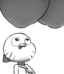 anthro big_breasts bodily_fluids breast_awe breasts duo ears_down female huge_breasts male open_mouth pivoted_ears simple_background sweat sweatdrop tugging_collar whiskers white_background hxveuseenmypen cartoon_network the_amazing_world_of_gumball gumball_watterson tina_rex dinosaur domestic_cat felid feline felis mammal prehistoric_species reptile scalie theropod tyrannosaurid tyrannosauroid tyrannosaurus tyrannosaurus_rex hi_res monochrome