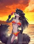 anthro beach bikini blue_eyes breasts clothing cloud female food hair long_hair navel outside popsicle seaside sky solo sunset swimwear tongue tongue_out two-piece_swimsuit imanika sila_dione mammal procyonid raccoon 2018 digital_media_(artwork)