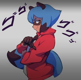 5_fingers anthro blue_hair blue_tail clothing crossed_arms dipstick_tail female fingers gesture hair hand_gesture jacket markings multicolored_tail pointing pointing_at_viewer side_view simple_background smile solo tail tail_markings text topwear kharon brand_new_animal jojo's_bizarre_adventure menacing_(meme) studio_trigger michiru_kagemori canid canine mammal raccoon_dog tanuki japanese_text letterbox meme