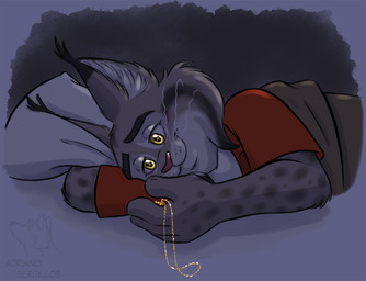 anthro bed bedding blanket bright_eyes cheek_tuft cross facial_tuft fluffy_ears fur furniture gold_(metal) gold_jewelry half-closed_eyes jewelry lying lying_on_bed male markings narrowed_eyes on_bed pillow pink_nose prison_uniform religion smile solo spots spotted_body spotted_fur tuft whiskers yellow_eyes adriano_berjillos catholicism christianity disney zootopia pawbert_lynxley canada_lynx felid feline lynx mammal